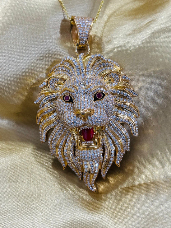 Lion Head Pendant Necklace in 18K Gold Over Sterling Silver with Red Ruby Eyes & Pave Moissanite