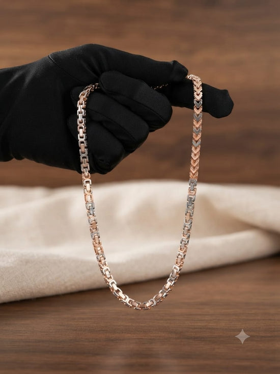 Tri Tone Geometric Link Necklace, Rose Gold Silver Gold Chain, Men&