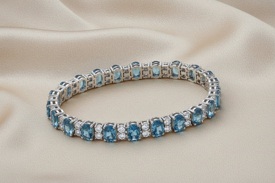Tennis Bracelet For Women • Blue Sapphire Oval Gemstone Sapphire & Moissanite Diamond Tennis Bracelet For Her • Anniversary Gift for Women
