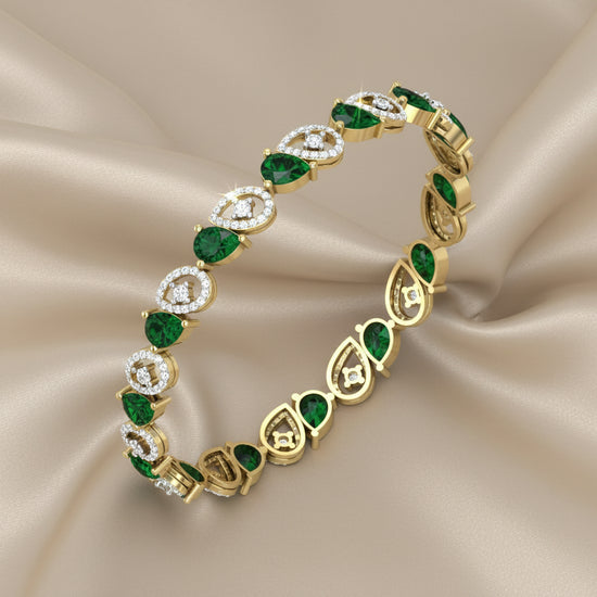 1.50 CT Pear Emerald And Moissanite Diamond Bangle Bracelet With 10kt Yellow Gold Over Silver,Silver Bangle Bracelet, Gift For Her