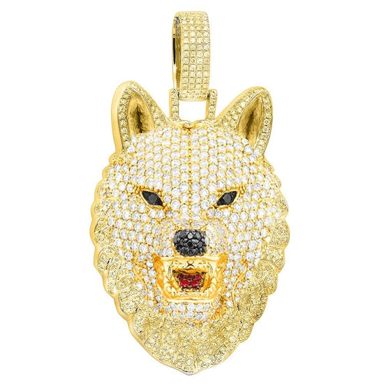 HIP HOP PENDANT, Wolf Face Pave Diamond Hip Hop pendant , Mens Hip hop Pendant, sterling Silver Hip hop Pendant With 14kt Gold Finish ,