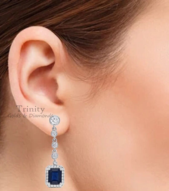 Emerald Cut Blue Sapphire Diamond Dangle Earrings for Women, Birthstone Dangle Drop Earrings Christmas Gift For Women
