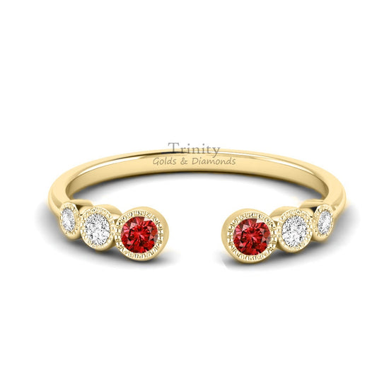 Hug Gemstone Band Ring, Hug Ring, Hug Wedding Band, Adjustable Wedding Band Ring, Garnet Open Band, Red Garnet And Diamond Open Band Ring