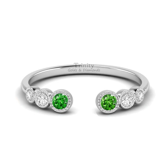 14k Yellow Gold Plated, Open Emerald Diamond Ring Band, Open Band Ring, Round Cut Emerald Ring, Sterling Silver Emerald And Diamond Ring