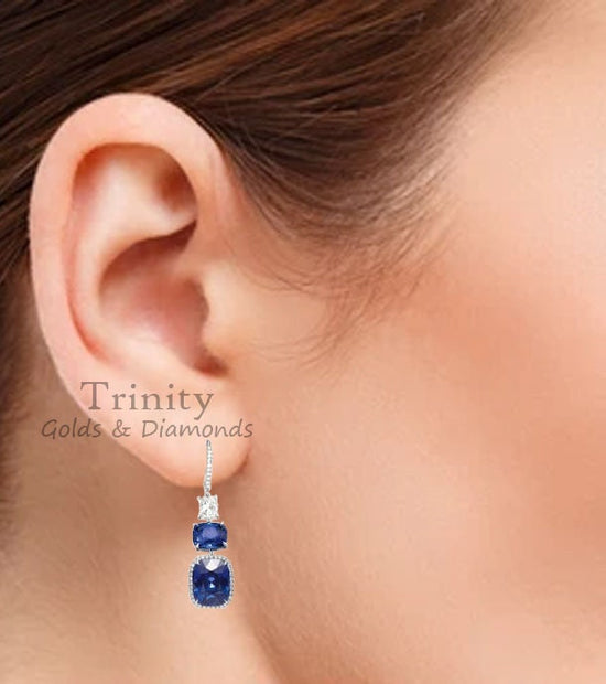 Dangle Drop Earring, Big Cushion Sapphire Gemstone Earring, Multi-stone Earring, Birthstone Earring, Garnet, Ruby, Amethyst & Brown Gemstone