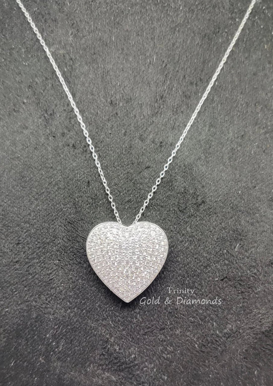 Diamond Heart Pendant Necklace • Moissanite Pave Heart Pendant • Silver Heart Pendant Necklace • Necklace, Gift for Mom, Love Necklace