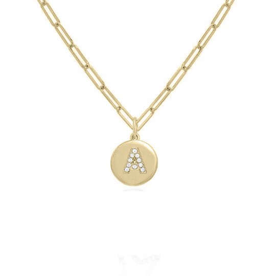 MOISSANITE DIAMOND CHARM Alphabet Initial Pendant Paper Clip Chain,Custom Disc Necklace •Initial Disc Necklace,Personalized Disc Necklace,