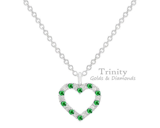 Emerald And Moissanite Small Heart Necklace With 18 Inch Cable chain , Emerald Heart Necklace, Moissanite Heart necklace, silver Necklace