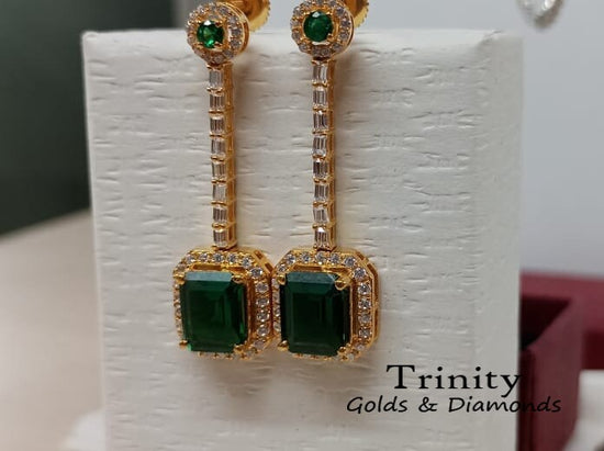 EMERALD DROP EARRINGS, Emerald Cut And Round Cut, Green Emerald & Diamond Earrings, Handmade Earrings, 14K Yellow Gold Plated