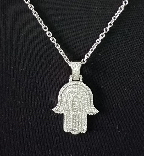 Pave Set Hamsa Hand Moissanite Pendant in 925 Sterling Silver White, Moissanite Hamsa Pendant For Men And Women