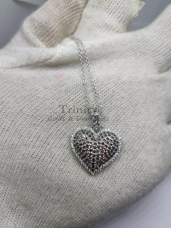 Brown Gemstone & Diamond Heart Pendant Necklace, 14KWhite Gold Plated, Big Heart Pendant, Brown Gemstone Handmade Pendant, Gift For Her