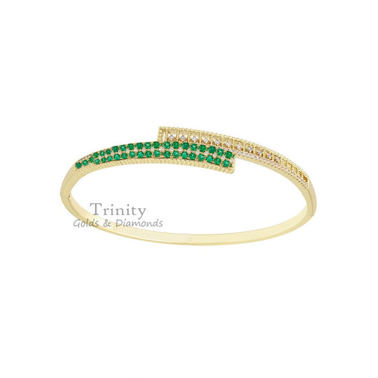Two row Diamond Bangle , Green Emerald and White Moissanite Diamond Bangle, 14KT Yellow gold Plated, Perfect Gift For Women