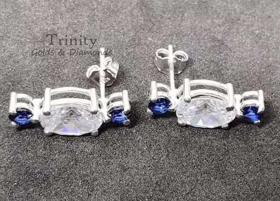 Blue Sapphire with Diamond 925 Silver Gold Plated Silver Earring, Oval Shape, 925 Sterling Silver Sapphire Diamond Earrings, Wedding Earring