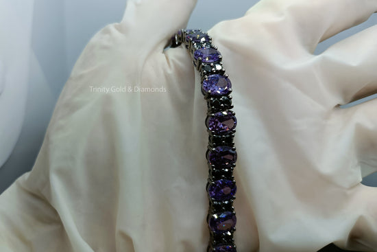 Black Moissanite And Amethyst Oval Diamond Tennis Bracelet For Women, 925 Sterling Silver With Black Rhodium Perfect Mothers Day Gift