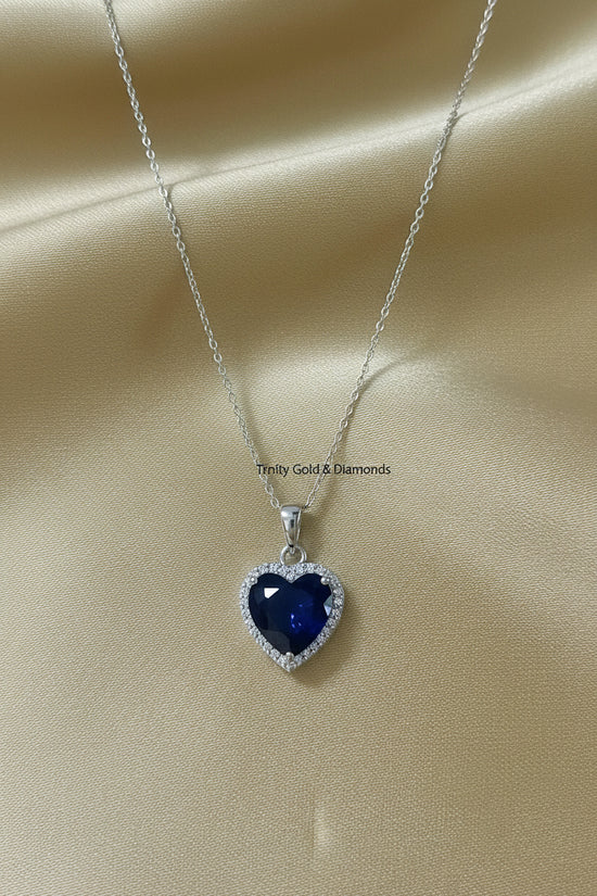 Sapphire Heart Pendant • Moissanite & Sapphire Heart Pendant, Classic Heart Pendant, 14KT White Gold plated • Valentines Day Gift For Her