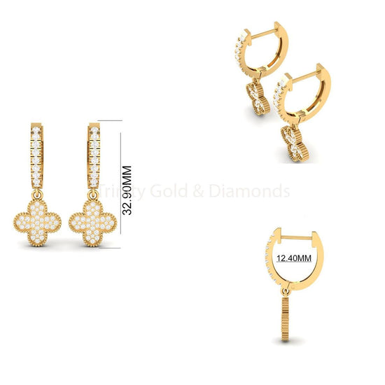 Clover Shape Diamond Hoop Earring For Women • 14KT Gold Over 925 Sterling Silver • Perfect Gift • Size-30mm • Flower Dangle Drop Hoop
