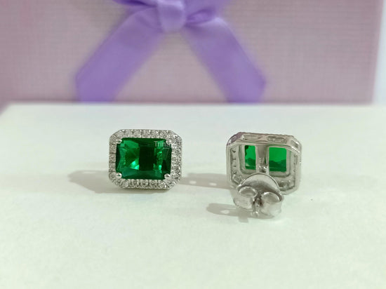 Emerald Halo Diamond Stud Earrings, 3.0Ct Green Emerald Halo Stud Earrings, Emerald Screwback Earrings, Emerald Earrings, Wedding Earrings