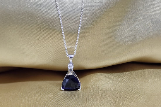 Trillion Cut Sapphire diamond Pendant for Women • Blue Sapphire and White Moissanite Diamond Pendant Necklace for Her • Birthday Gift