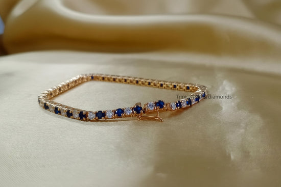 3.0MM Tennis Bracelet • Blue Sapphire and White Moissanite Diamond Tennis Bracelet for Women • Size-5-10 Inch • Anniversary Gift for Women