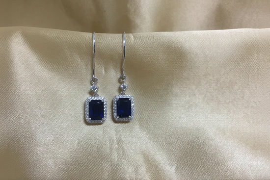 Sapphire Dangle Earrings • Emerald Cut Blue Sapphire and White Moissanite Diamond Earring For Women • Wedding Anniversary Gift • Wire Earr