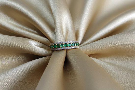 Baguette Stacking Ring • Vintage Wedding Band • Green Baguette and Round Half Eternity Band Art Deco Moissanite Band• Anniversary Gift