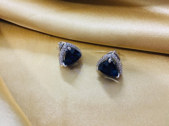 Blue Sapphire Trillian Cut Diamond Stud Earrings • Dainty Stud Earrings • Moissanite Diamond Stud • Minimalist Earrings • Birthday Gift