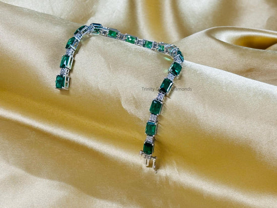 Emerald Cut White Moissanite and Green Emerald Diamond Tennis Bracelet for Women • Anniversary Gift • Size 6-9 Inches