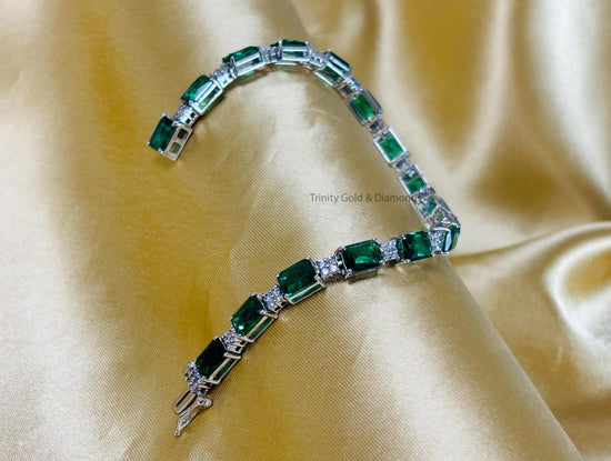 Emerald Cut White Moissanite and Green Emerald Diamond Tennis Bracelet for Women • Anniversary Gift • Size 6-9 Inches