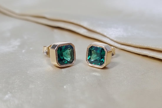 Emerald Stud Earring • Hexagon Shape Emerald Stud Earrings for Women • Perfect Gift • Stud With Push Back • Handset Bezel Studs