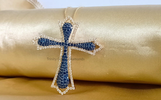 Big Blue Sapphire Diamond Cross Pendant Necklace For Him And Her - Gemstone Religious Cross Pendant Necklace With Cable Chain Christmas Gift