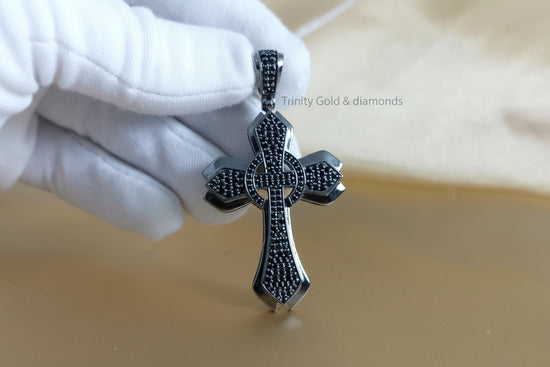 Black Cross Pendant for Men • Large Sterling Silver Black Diamond Cross Pendant • Christmas Gift • Statement Jewelry • Hip Hop Cross