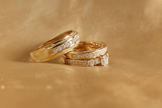 Moissanite Trio Bridal Set • Engagement Ring Set of 3 Rings • Wedding Trio Set Couple Bands • Perfect Anniversary Gift for Him and Her