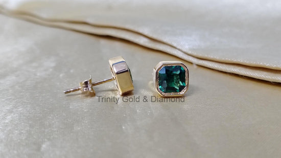 Emerald Stud Earring • Hexagon Shape Emerald Stud Earrings for Women • Perfect Gift • Stud With Push Back • Handset Bezel Studs