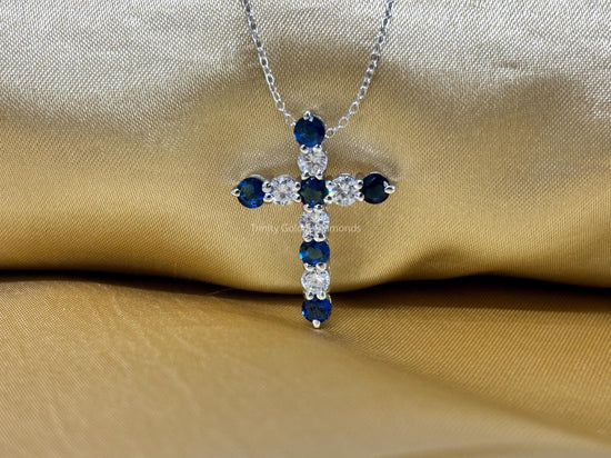 Cross Pendant • Blue Sapphire And Lab Grown Diamond Cross Pendant Necklace for Women • Multistone Cross • Perfect Christmas Gift