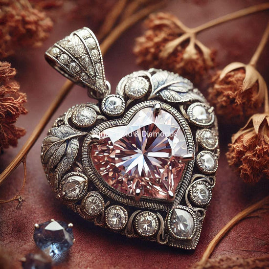 Art Deco Vintage Inspired Heart Pendant Necklace For Women • Moissanite Heart Necklace • Heart Diamond Gift for Mom •