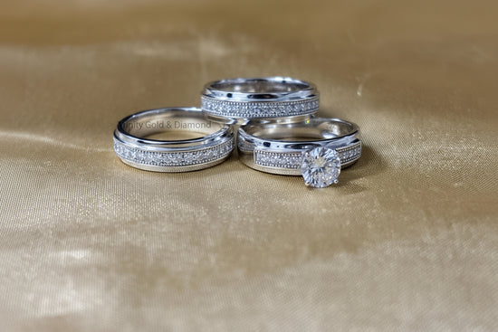 Solitaire Moissanite Trio Bridal Set • Engagement Ring Set of 3 Rings • Wedding Trio Set Couple Bands • Perfect Anniversary Gift for Him/Her