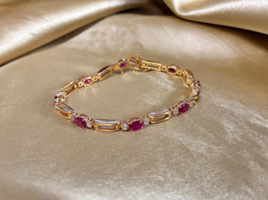 Oval Cut Tennis Bracelet For Women • Timeless White Moissanite Diamond And Red Oval Cut Ruby Gemstone Tennis Bracelet • Perfect Gift