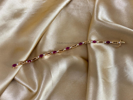 Oval Cut Tennis Bracelet For Women • Timeless White Moissanite Diamond And Red Oval Cut Ruby Gemstone Tennis Bracelet • Perfect Gift