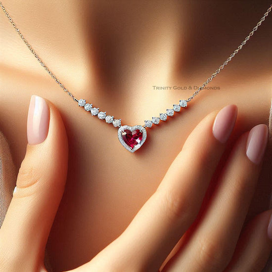 HEART PENDANT Necklace • Moissanite Heart Necklace • Pave Ruby Halo Heart Pendant • Heart Necklace • Perfect Gift for Her.