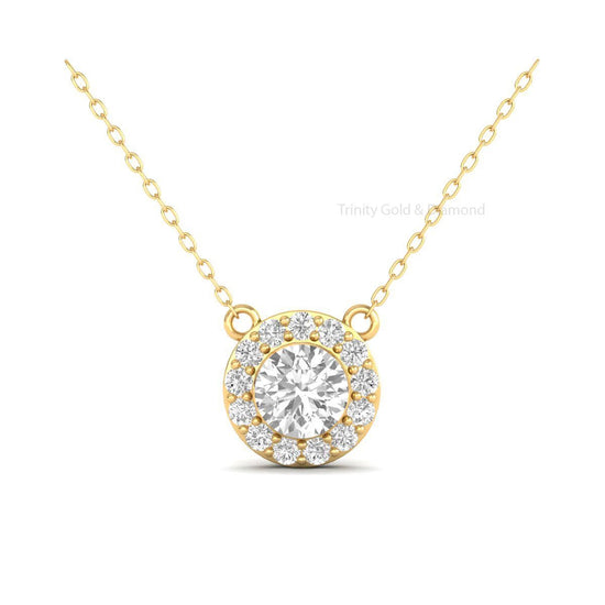 1.5CT Halo Diamond Necklace In 14k Yellow Gold, Moissanite Halo Pendant, Diamond Pendant With Chain, Minimalist Gift For Women, Gift For Mom