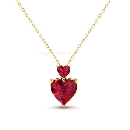 Double Heart Pendant Necklace, Red Ruby Heart Pendant, Red Heart Love Gemstone Pendant, Bridal Jewelry, Heart Charm Necklace for Women