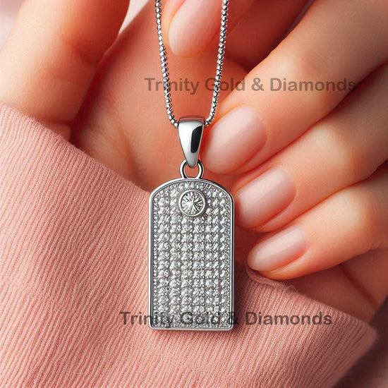 Dog Tag Necklace • Pave Setting Moissanite Diamond Pendant • 925 Sterling Silver Jewelry • Handmade Jewelry • Perfect Gift for Her