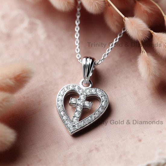Heart Cross Pendant • Moissanite Heart Necklace • Pave Heart with Cross Necklace • Handmade Gift for Her • Mother’s Day Gift for Mom