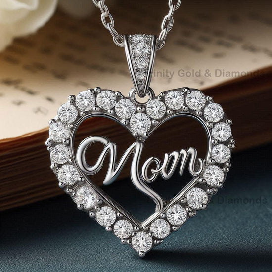 Mom In Heart Pendant Necklace • Moissanite Heart MOM Necklace • Handmade Gift for Her • Mother’s Day Jewelry • Unique Gift for Mom