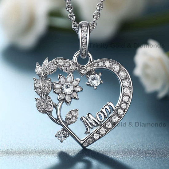 Sterling Silver Mom Pendant Necklace, Heart Floral Design with Moissanite, Mother&
