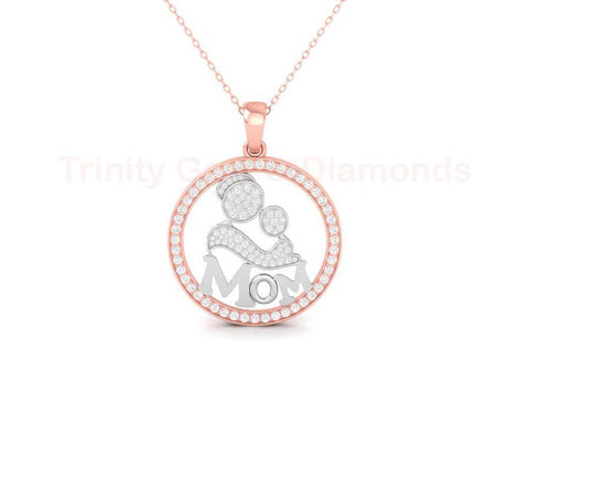 MOM Round Pendant Necklace in 925 Sterling Silver, Gold Plated Mother and Child Charm, Pavé Gift Jewelry for Mother’s Day