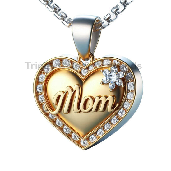 Mom Heart Pendant Necklace with Diamond Accents | Sterling Silver Heart Charm | Mother&