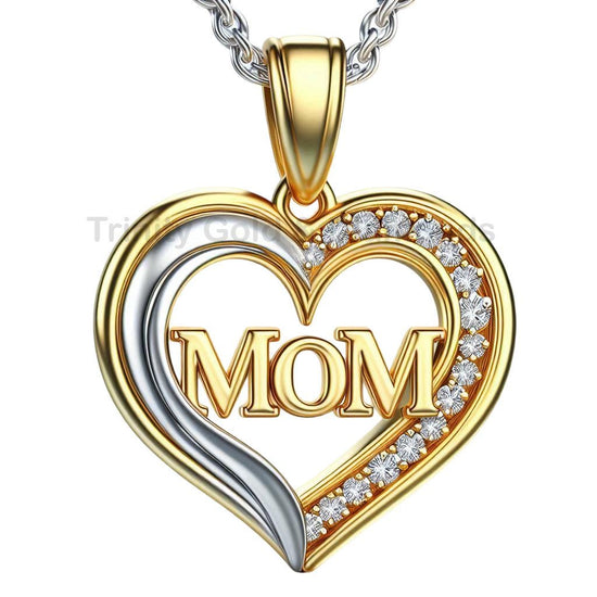 Mom Heart Pendant Necklace with Sparkling Diamond Accents | Sterling Silver Two-Tone Heart Charm | Gift for Mother’s Day