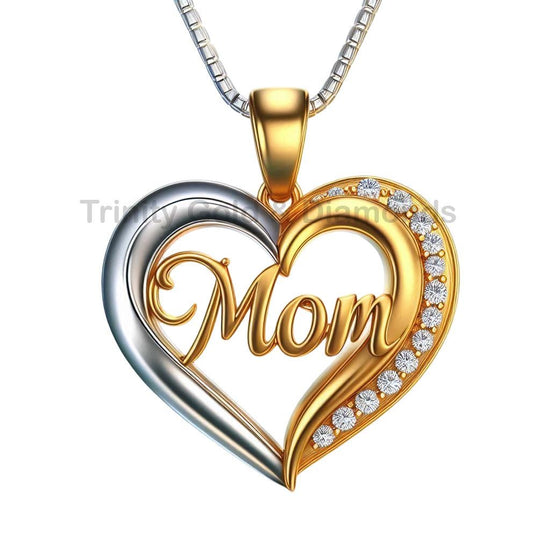 Handmade Two-Tone Mom Heart Pendant with Sparkling Accent, Elegant Mother’s Day Necklace Gift for Her