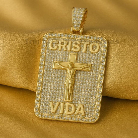 Cristo Vida Crucifix Pendant Necklace, Iced Out Religious Statement Jewelry, Faith-Based Gift for Him